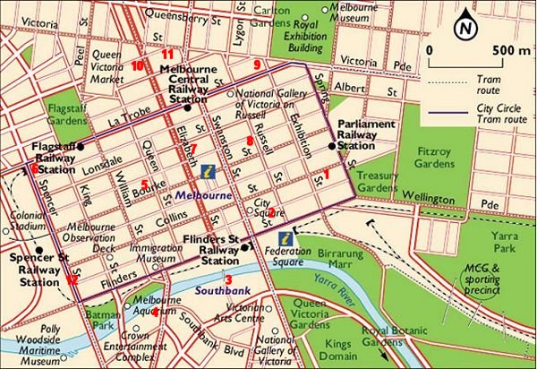 Map of Melbourne's CBD with major hotels